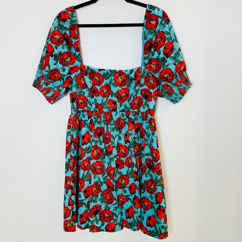 Alice + Olivia Reyna Curved Empire Mini Dress Size 8 Blue Red Floral Party Poppy